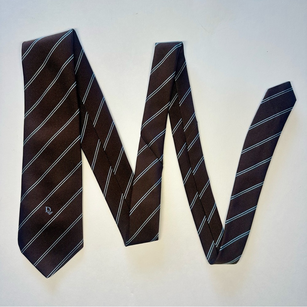Vintage DIOR Embroidered Signature Brown Diagonal Striped Classic Tie, 3.25” - Picture 2 of 5
